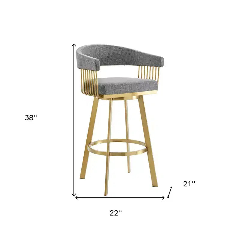 Chaise de bar pivotante HomeRoots de 30 po de hauteur, dossier bas, en tissu gris et or et acier inoxydable