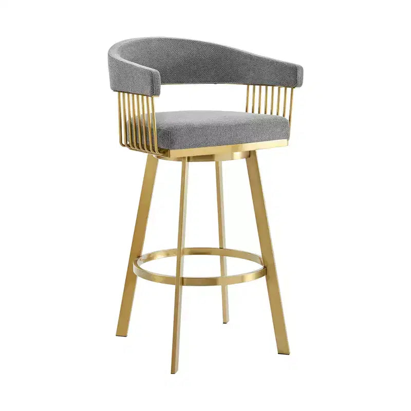 Chaise de bar pivotante HomeRoots de 30 po de hauteur, dossier bas, en tissu gris et or et acier inoxydable