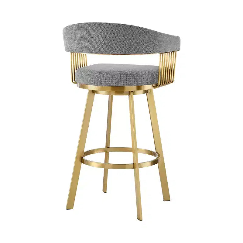 Chaise de bar pivotante HomeRoots de 30 po de hauteur, dossier bas, en tissu gris et or et acier inoxydable