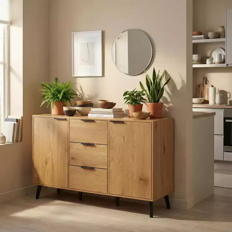 Homy Casa Buffet moderne avec rangement et 3 tiroirs, 120 cm, chêne