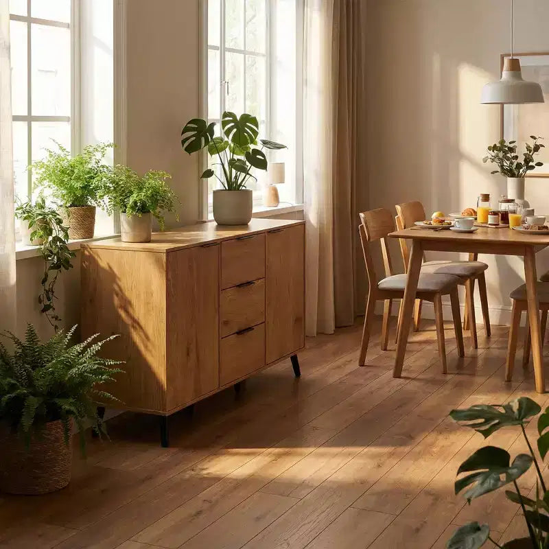 Homy Casa Buffet moderne avec rangement et 3 tiroirs, 120 cm, chêne