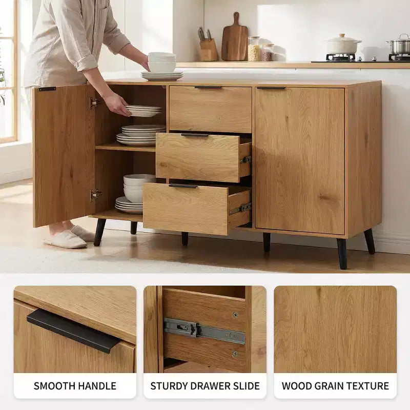 Homy Casa Buffet moderne avec rangement et 3 tiroirs, 120 cm, chêne