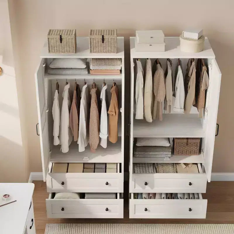 Armoire penderie en bois avec étagère réglable, 2 portes, 2 tiroirs, tringle en aluminium, dispositifs anti-basculement, charnières à fermeture silencieuse, montage facile