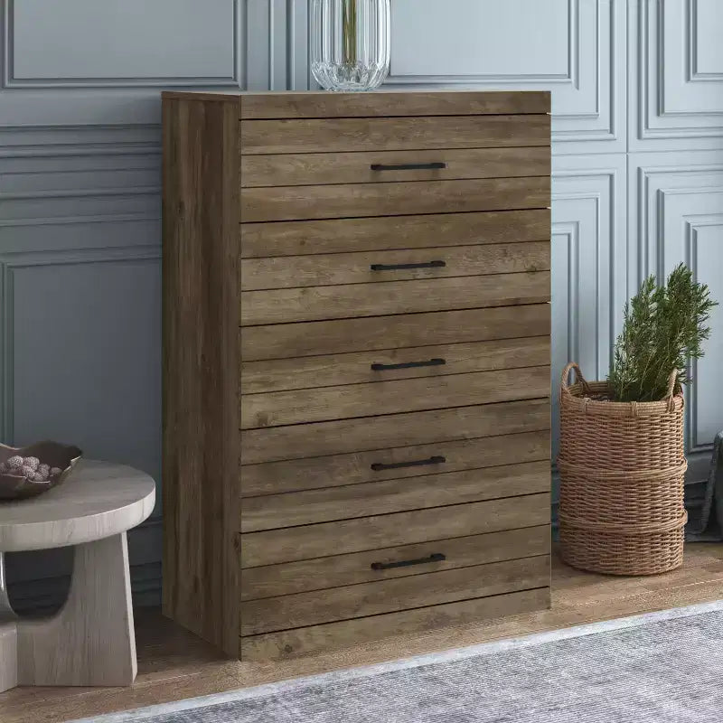 Commode Galano Hamsper 5 tiroirs (verrouillage) - Chêne noueux