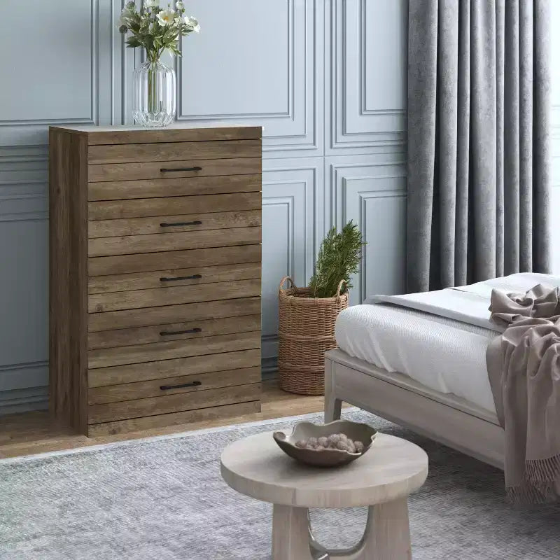 Commode Galano Hamsper 5 tiroirs (verrouillage) - Chêne noueux