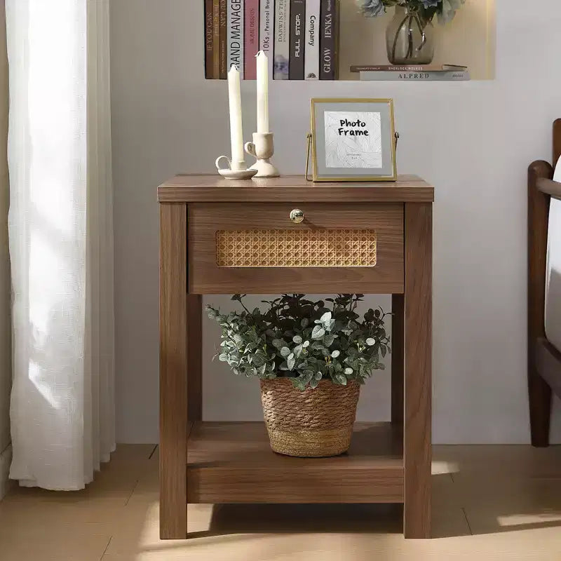 Bekrvio Table de Chevet Bohème en Rotin de 45,7 cm, Lot de 1/2, avec Tiroir et Boutons en Laiton, Table d'Appoint en Bois avec Étagère Ouverte pour Chambre/Salon