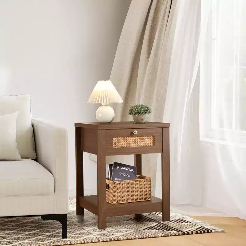 Bekrvio Table de Chevet Bohème en Rotin de 45,7 cm, Lot de 1/2, avec Tiroir et Boutons en Laiton, Table d'Appoint en Bois avec Étagère Ouverte pour Chambre/Salon