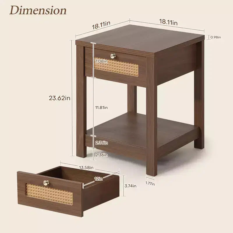 Bekrvio Table de Chevet Bohème en Rotin de 45,7 cm, Lot de 1/2, avec Tiroir et Boutons en Laiton, Table d'Appoint en Bois avec Étagère Ouverte pour Chambre/Salon
