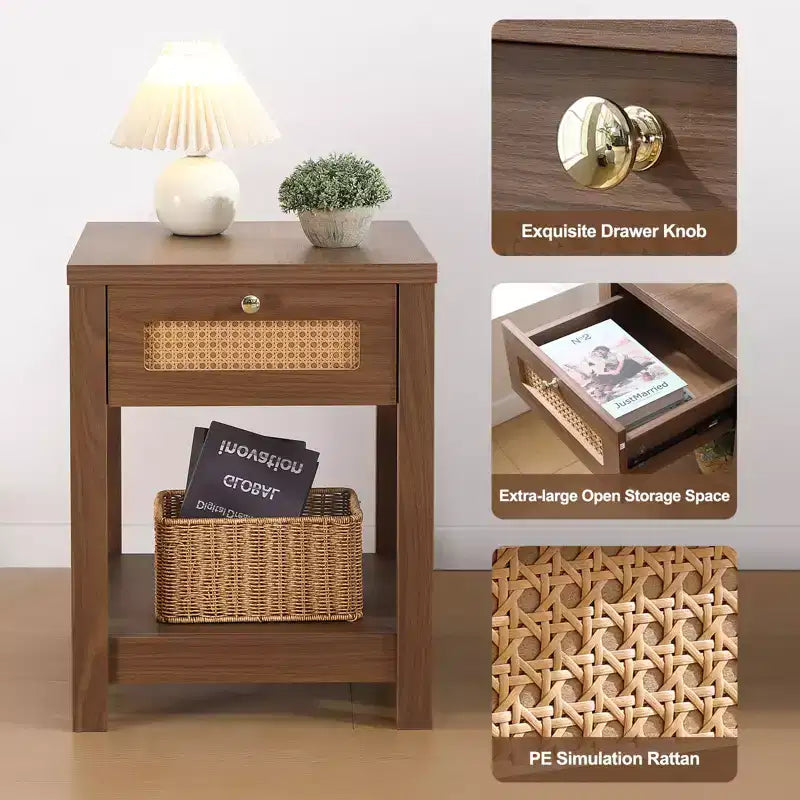 Bekrvio Table de Chevet Bohème en Rotin de 45,7 cm, Lot de 1/2, avec Tiroir et Boutons en Laiton, Table d'Appoint en Bois avec Étagère Ouverte pour Chambre/Salon