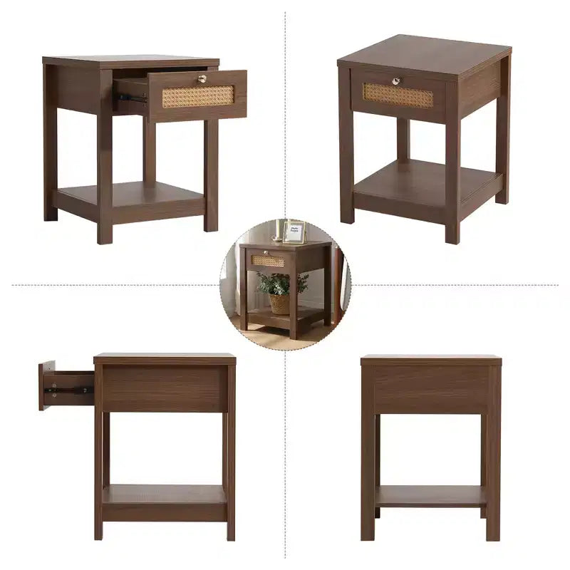 Bekrvio Table de Chevet Bohème en Rotin de 45,7 cm, Lot de 1/2, avec Tiroir et Boutons en Laiton, Table d'Appoint en Bois avec Étagère Ouverte pour Chambre/Salon