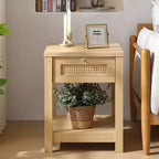 Bekrvio Table de Chevet Bohème en Rotin de 45,7 cm, Lot de 1/2, avec Tiroir et Boutons en Laiton, Table d'Appoint en Bois avec Étagère Ouverte pour Chambre/Salon