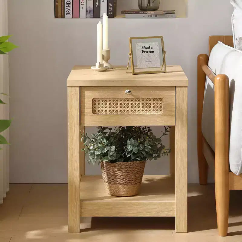 Bekrvio Table de Chevet Bohème en Rotin de 45,7 cm, Lot de 1/2, avec Tiroir et Boutons en Laiton, Table d'Appoint en Bois avec Étagère Ouverte pour Chambre/Salon
