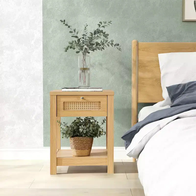 Bekrvio Table de Chevet Bohème en Rotin de 45,7 cm, Lot de 1/2, avec Tiroir et Boutons en Laiton, Table d'Appoint en Bois avec Étagère Ouverte pour Chambre/Salon
