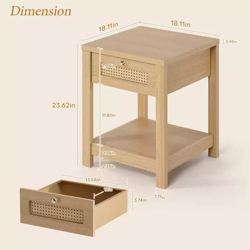 Bekrvio Table de Chevet Bohème en Rotin de 45,7 cm, Lot de 1/2, avec Tiroir et Boutons en Laiton, Table d'Appoint en Bois avec Étagère Ouverte pour Chambre/Salon