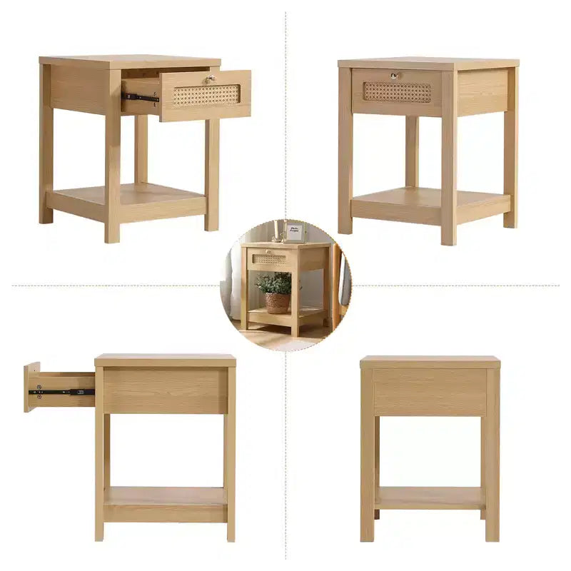 Bekrvio Table de Chevet Bohème en Rotin de 45,7 cm, Lot de 1/2, avec Tiroir et Boutons en Laiton, Table d'Appoint en Bois avec Étagère Ouverte pour Chambre/Salon
