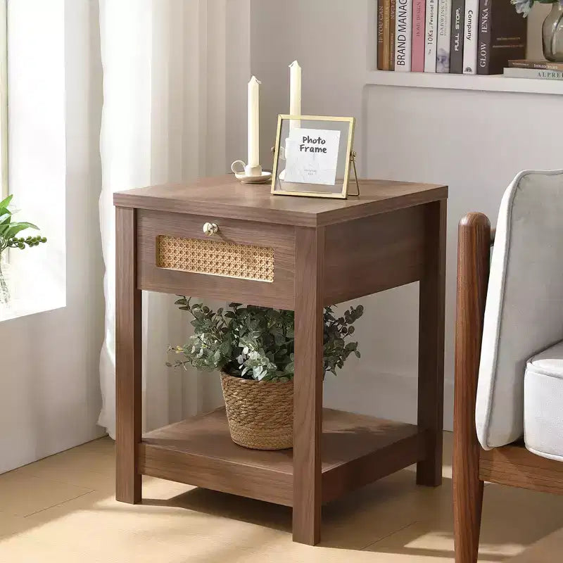 Bekrvio Table de Chevet Bohème en Rotin de 45,7 cm, Lot de 1/2, avec Tiroir et Boutons en Laiton, Table d'Appoint en Bois avec Étagère Ouverte pour Chambre/Salon