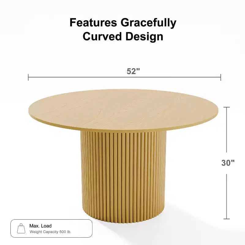 PexFix Table de salle à manger ronde 52 en bois massif, table de cuisine pour 4-6 personnes avec plateau et pieds cylindriques concaves pour salon/salle à manger/bureau, naturel