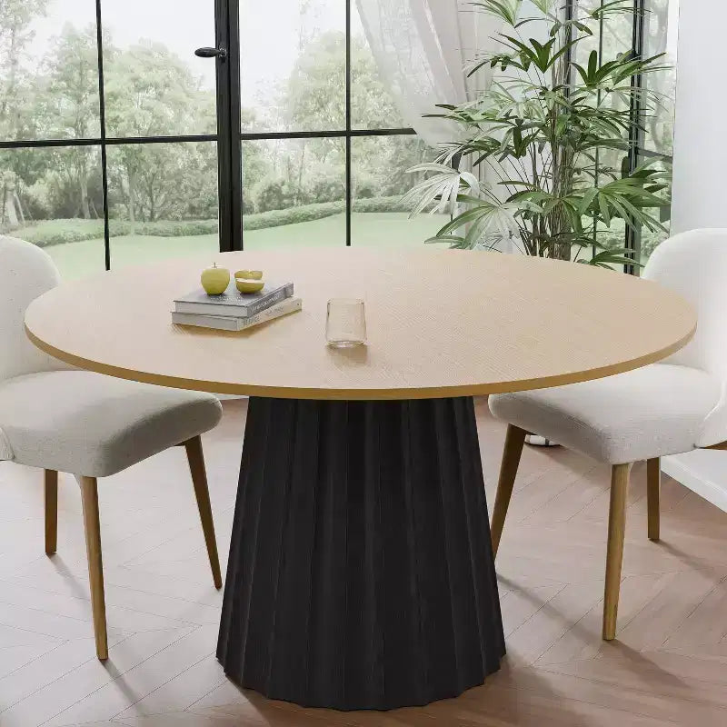 PexFix Table à manger ronde en bois massif de 52 po, table de cuisine pour 4 à 6 personnes avec plateau et base conique cannelée pour salon/salle à manger, bureau, café, naturel
