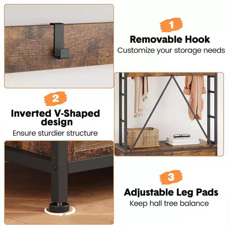 Porte-manteau avec banc, porte-manteau industriel, meuble de rangement pour chaussures d'entrée avec casiers de rangement, banc à chaussures et porte-manteau pour vestiaire et hall d'entrée