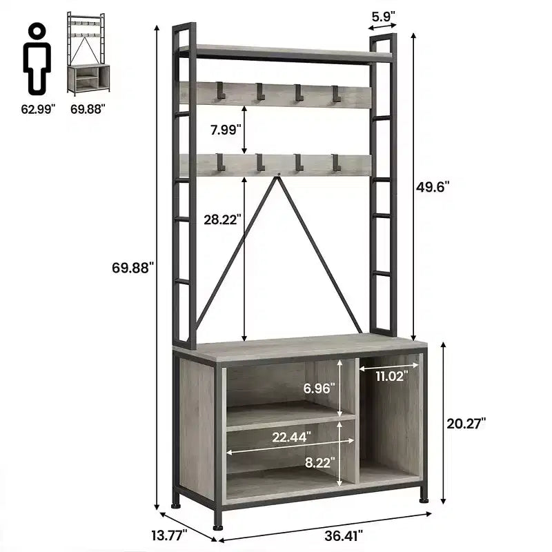Porte-manteau avec banc, porte-manteau industriel, meuble de rangement pour chaussures d'entrée avec casiers de rangement, banc à chaussures et porte-manteau pour vestiaire et hall d'entrée