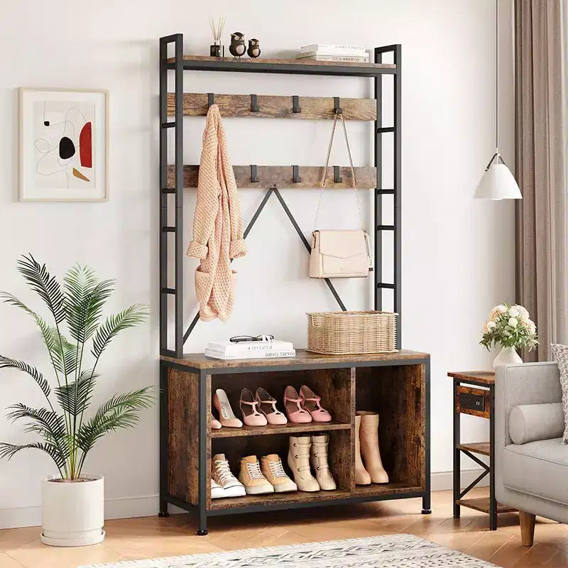 Porte-manteau avec banc, porte-manteau industriel, meuble de rangement pour chaussures d'entrée avec casiers de rangement, banc à chaussures et porte-manteau pour vestiaire et hall d'entrée