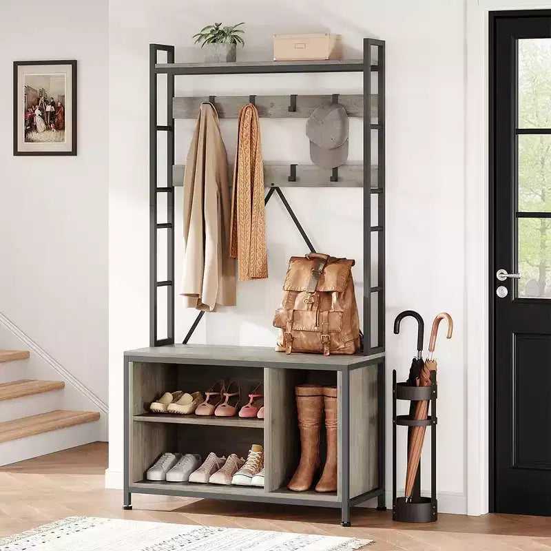 Porte-manteau avec banc, porte-manteau industriel, meuble de rangement pour chaussures d'entrée avec casiers de rangement, banc à chaussures et porte-manteau pour vestiaire et hall d'entrée