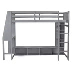 Lit mezzanine double de jeu avec bureau et LED, cadre de lit mezzanine en bois avec étagères de rangement et une penderie suspendue