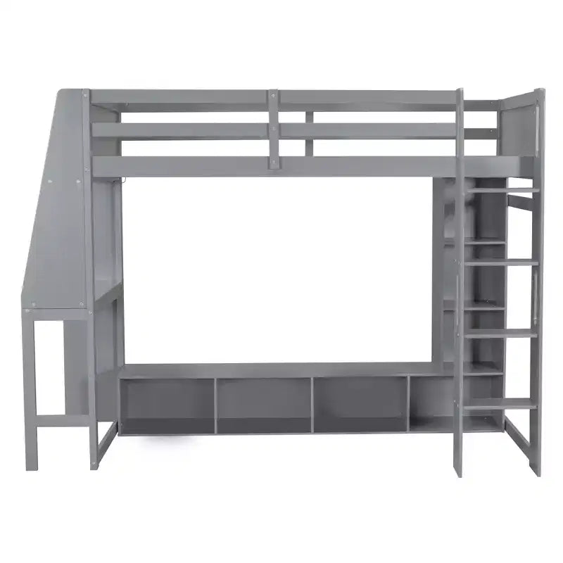 Lit mezzanine double de jeu avec bureau et LED, cadre de lit mezzanine en bois avec étagères de rangement et une penderie suspendue
