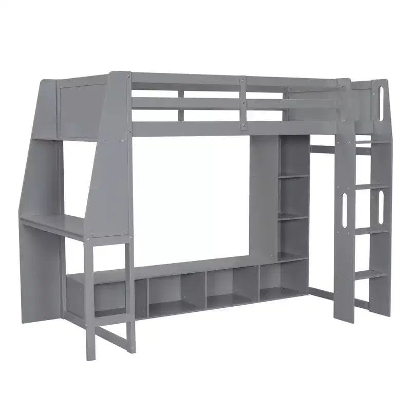 Lit mezzanine double de jeu avec bureau et LED, cadre de lit mezzanine en bois avec étagères de rangement et une penderie suspendue