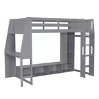 Lit mezzanine double de jeu avec bureau et LED, cadre de lit mezzanine en bois avec étagères de rangement et une penderie suspendue