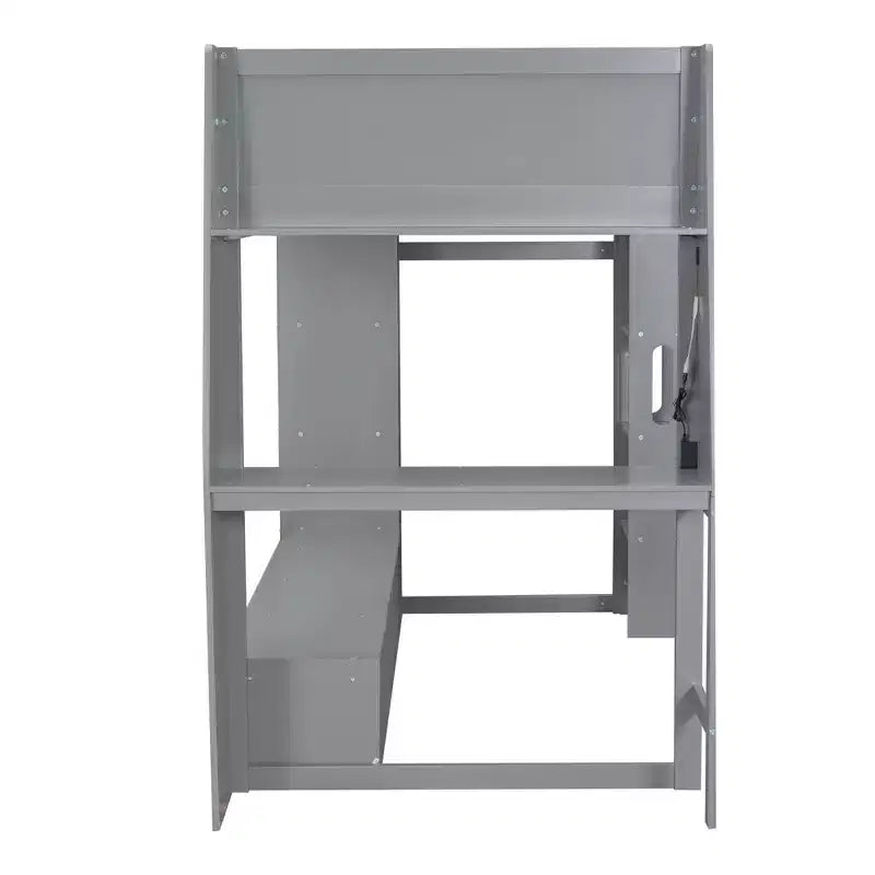 Lit mezzanine double de jeu avec bureau et LED, cadre de lit mezzanine en bois avec étagères de rangement et une penderie suspendue