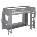 Lit mezzanine double de jeu avec bureau et LED, cadre de lit mezzanine en bois avec étagères de rangement et une penderie suspendue