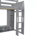 Lit mezzanine double de jeu avec bureau et LED, cadre de lit mezzanine en bois avec étagères de rangement et une penderie suspendue