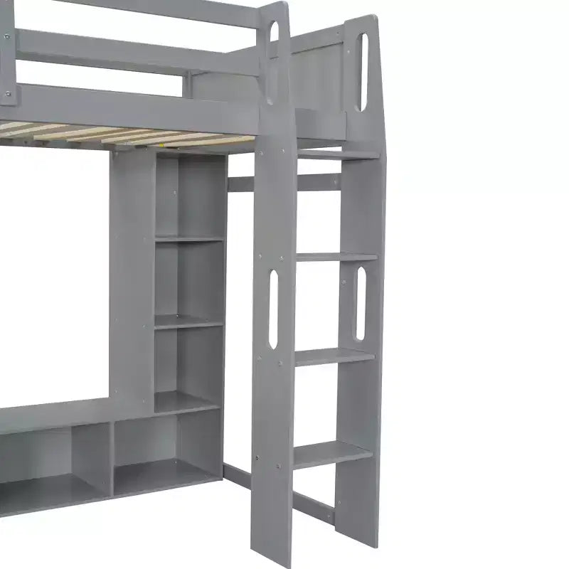 Lit mezzanine double de jeu avec bureau et LED, cadre de lit mezzanine en bois avec étagères de rangement et une penderie suspendue