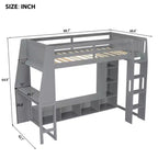 Lit mezzanine double de jeu avec bureau et LED, cadre de lit mezzanine en bois avec étagères de rangement et une penderie suspendue