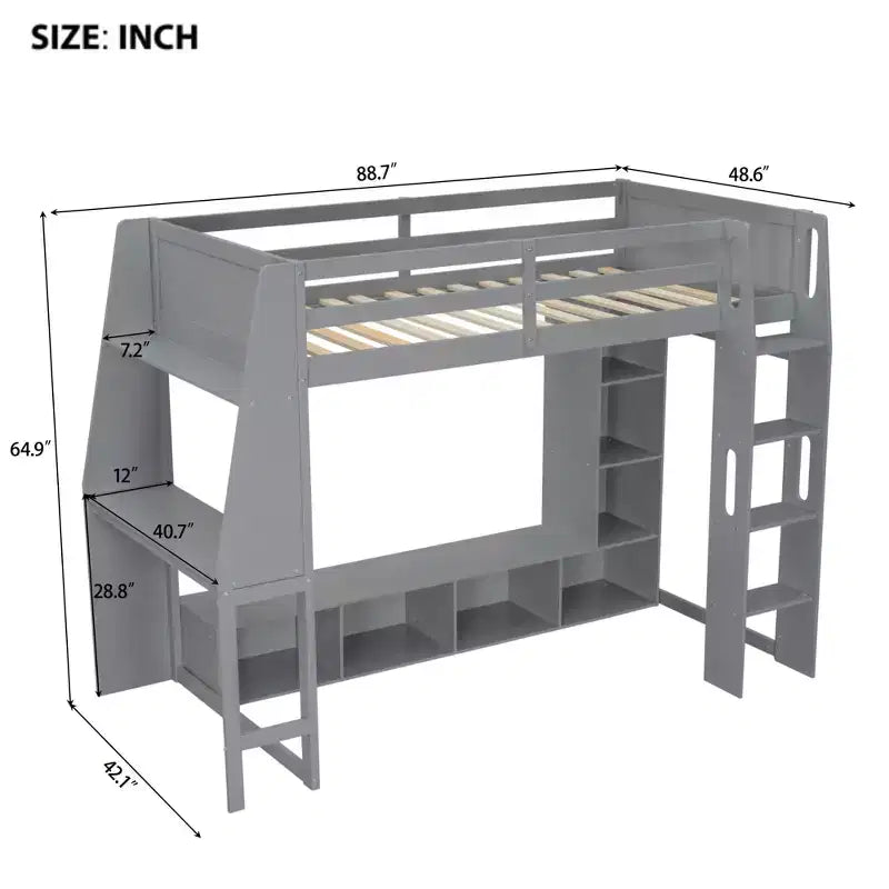 Lit mezzanine double de jeu avec bureau et LED, cadre de lit mezzanine en bois avec étagères de rangement et une penderie suspendue