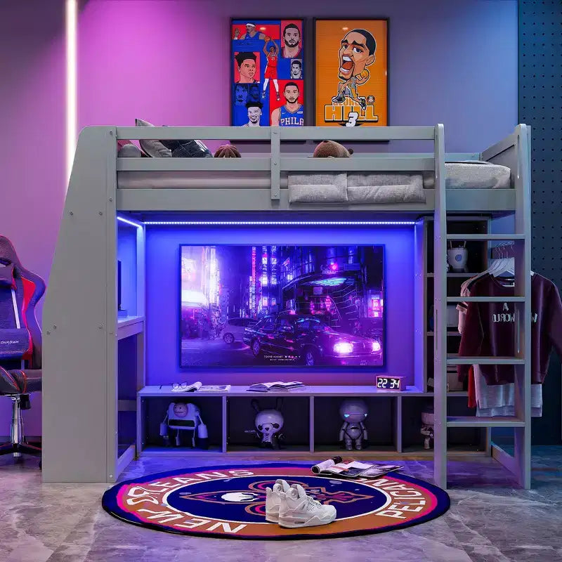 Lit mezzanine double de jeu avec bureau et LED, cadre de lit mezzanine en bois avec étagères de rangement et une penderie suspendue