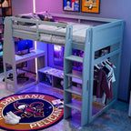 Lit mezzanine double de jeu avec bureau et LED, cadre de lit mezzanine en bois avec étagères de rangement et une penderie suspendue
