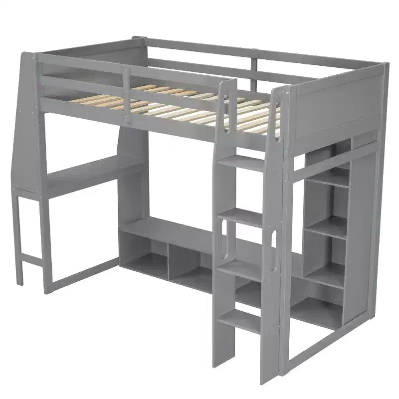 Lit mezzanine double de jeu avec bureau et LED, cadre de lit mezzanine en bois avec étagères de rangement et une penderie suspendue