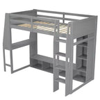 Lit mezzanine double de jeu avec bureau et LED, cadre de lit mezzanine en bois avec étagères de rangement et une penderie suspendue