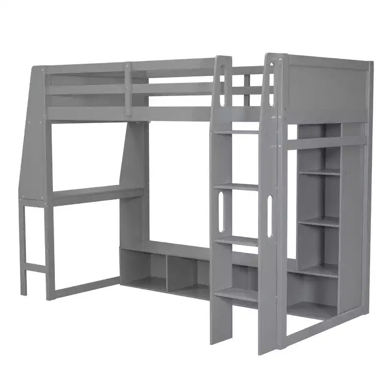 Lit mezzanine double de jeu avec bureau et LED, cadre de lit mezzanine en bois avec étagères de rangement et une penderie suspendue