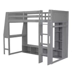 Lit mezzanine double de jeu avec bureau et LED, cadre de lit mezzanine en bois avec étagères de rangement et une penderie suspendue
