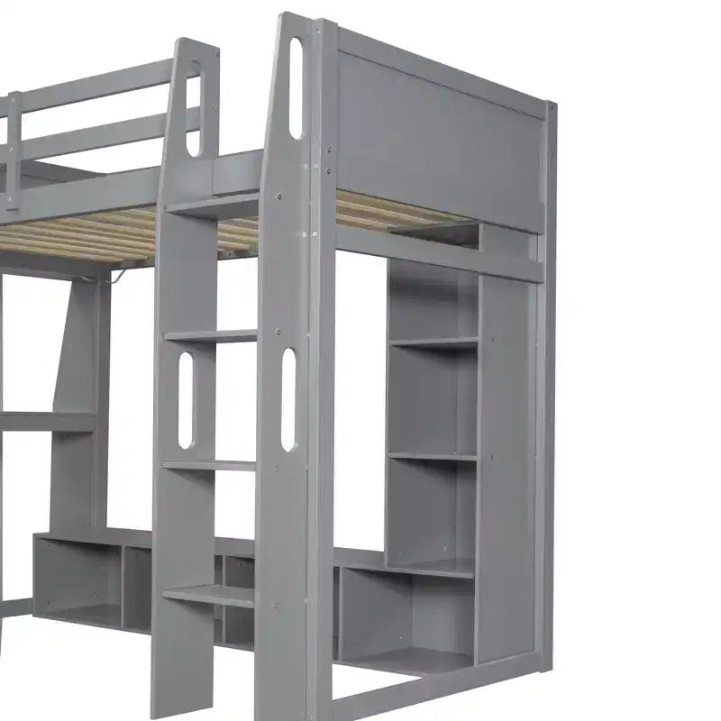 Lit mezzanine double de jeu avec bureau et LED, cadre de lit mezzanine en bois avec étagères de rangement et une penderie suspendue