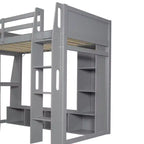 Lit mezzanine double de jeu avec bureau et LED, cadre de lit mezzanine en bois avec étagères de rangement et une penderie suspendue