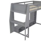 Lit mezzanine double de jeu avec bureau et LED, cadre de lit mezzanine en bois avec étagères de rangement et une penderie suspendue