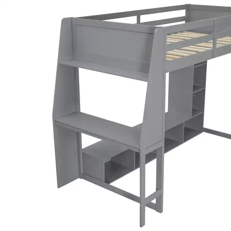 Lit mezzanine double de jeu avec bureau et LED, cadre de lit mezzanine en bois avec étagères de rangement et une penderie suspendue