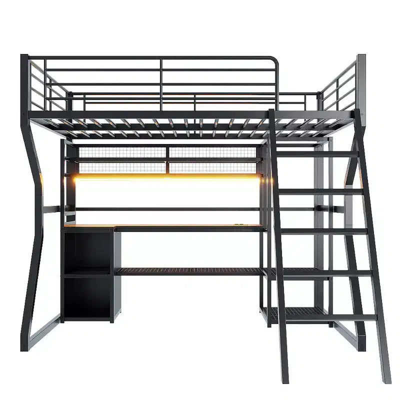 Lit mezzanine en métal Full Metal Gaming avec LED et poste de travail intégré, lit mezzanine haut pleine grandeur avec armoire de rangement, noir
