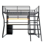 Lit mezzanine en métal Full Metal Gaming avec LED et poste de travail intégré, lit mezzanine haut pleine grandeur avec armoire de rangement, noir