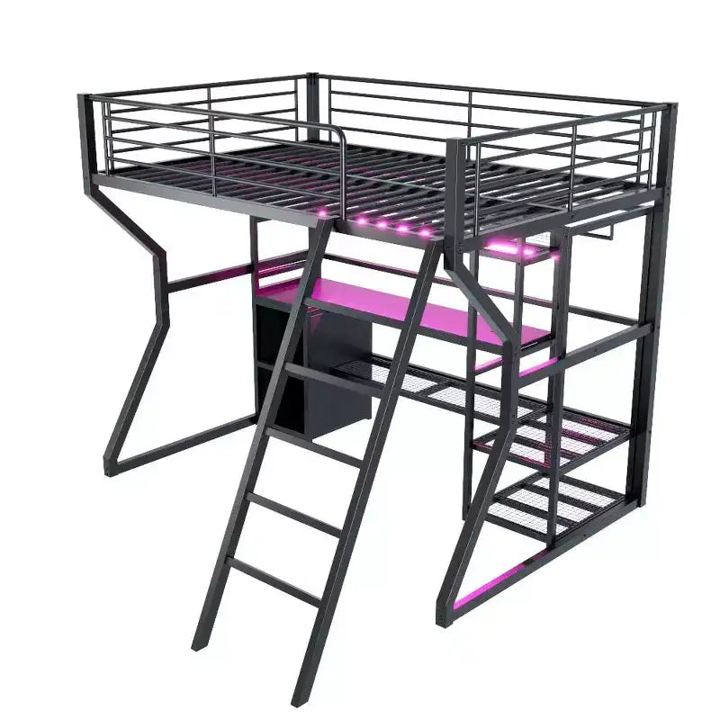 Lit mezzanine en métal Full Metal Gaming avec LED et poste de travail intégré, lit mezzanine haut pleine grandeur avec armoire de rangement, noir