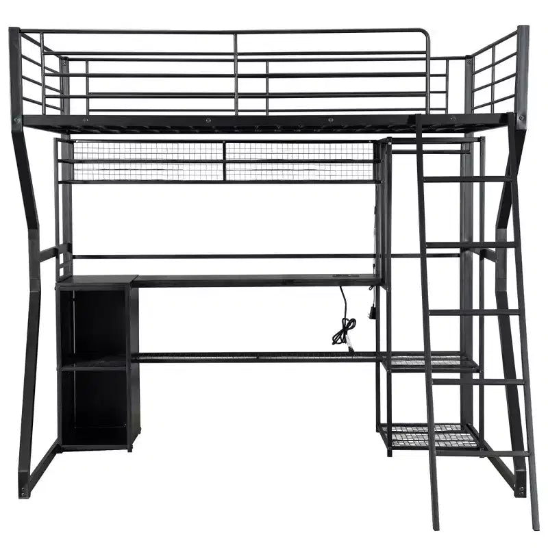Lit mezzanine en métal Full Metal Gaming avec LED et poste de travail intégré, lit mezzanine haut pleine grandeur avec armoire de rangement, noir